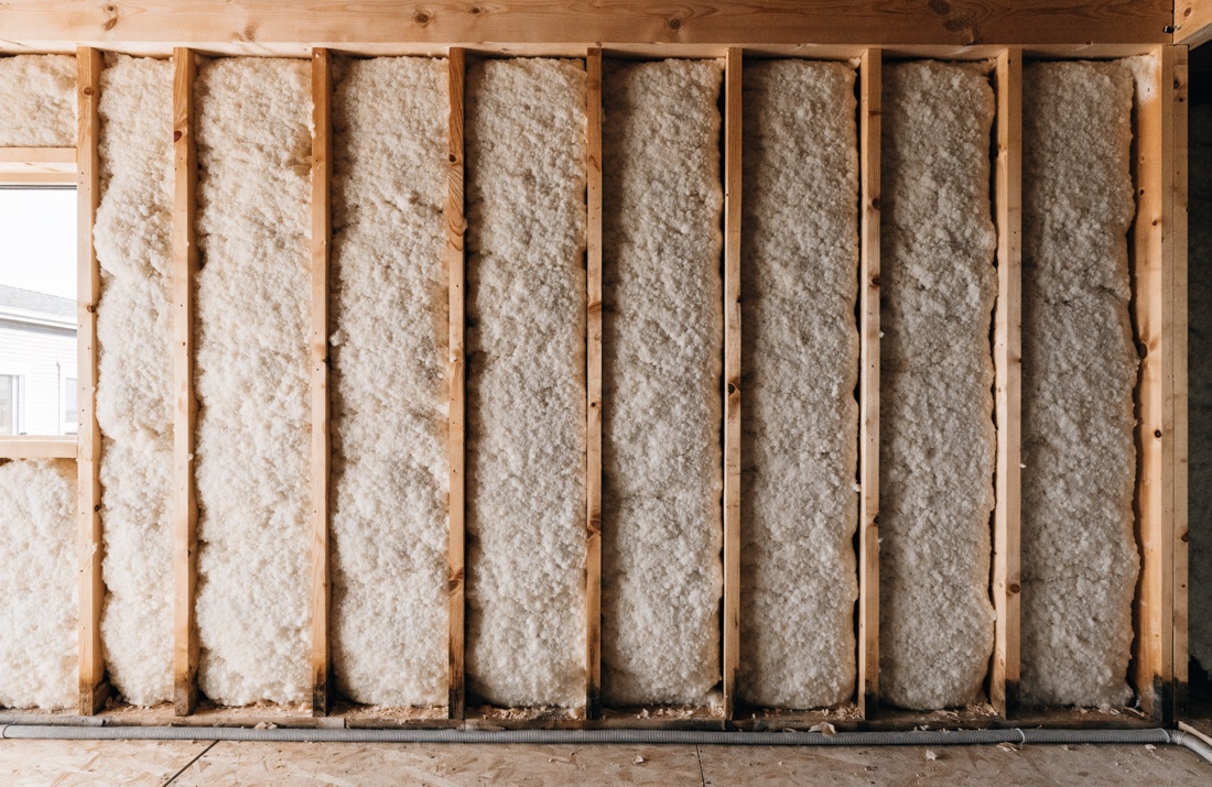 Light open-cell spray foam expanded to fill the stud bays of an interior framed wall, trimmed flush with the framing