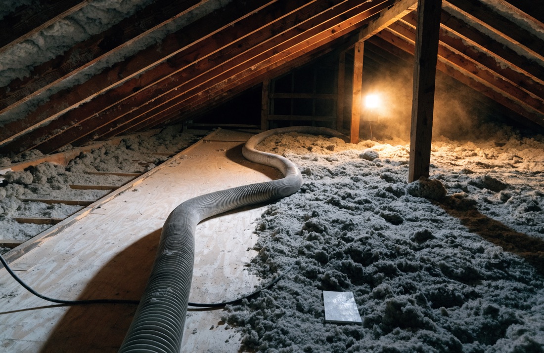A large insulation vacuum hose running across an attic floor where old blown insulation is being removed down to the joists