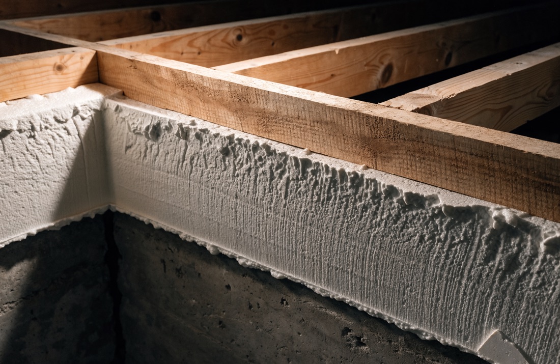 Dense closed-cell spray foam applied along a wooden rim joist between floor framing members